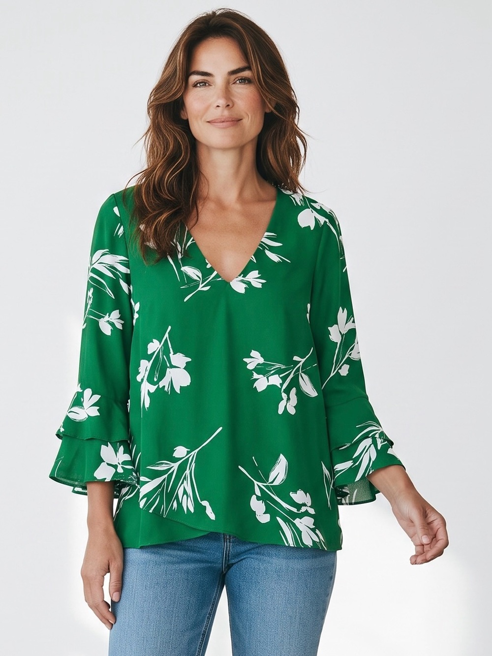 Vince Camuto Green Floral V-Neck Ruffle Sleeve Blouse Size M